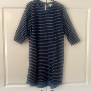J. Jill Navy and Light Blue Striped Dress with denim trim